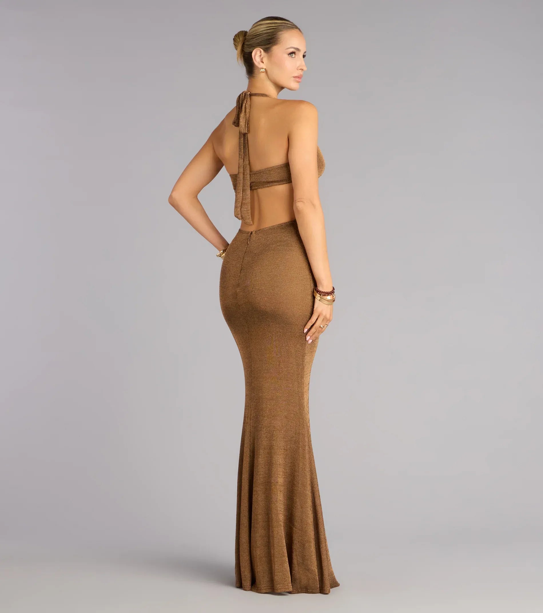 Mermaid Halter Cutout Metal-Ring Tie-Back Shimmer Knit Maxi Wedding Guest Dress