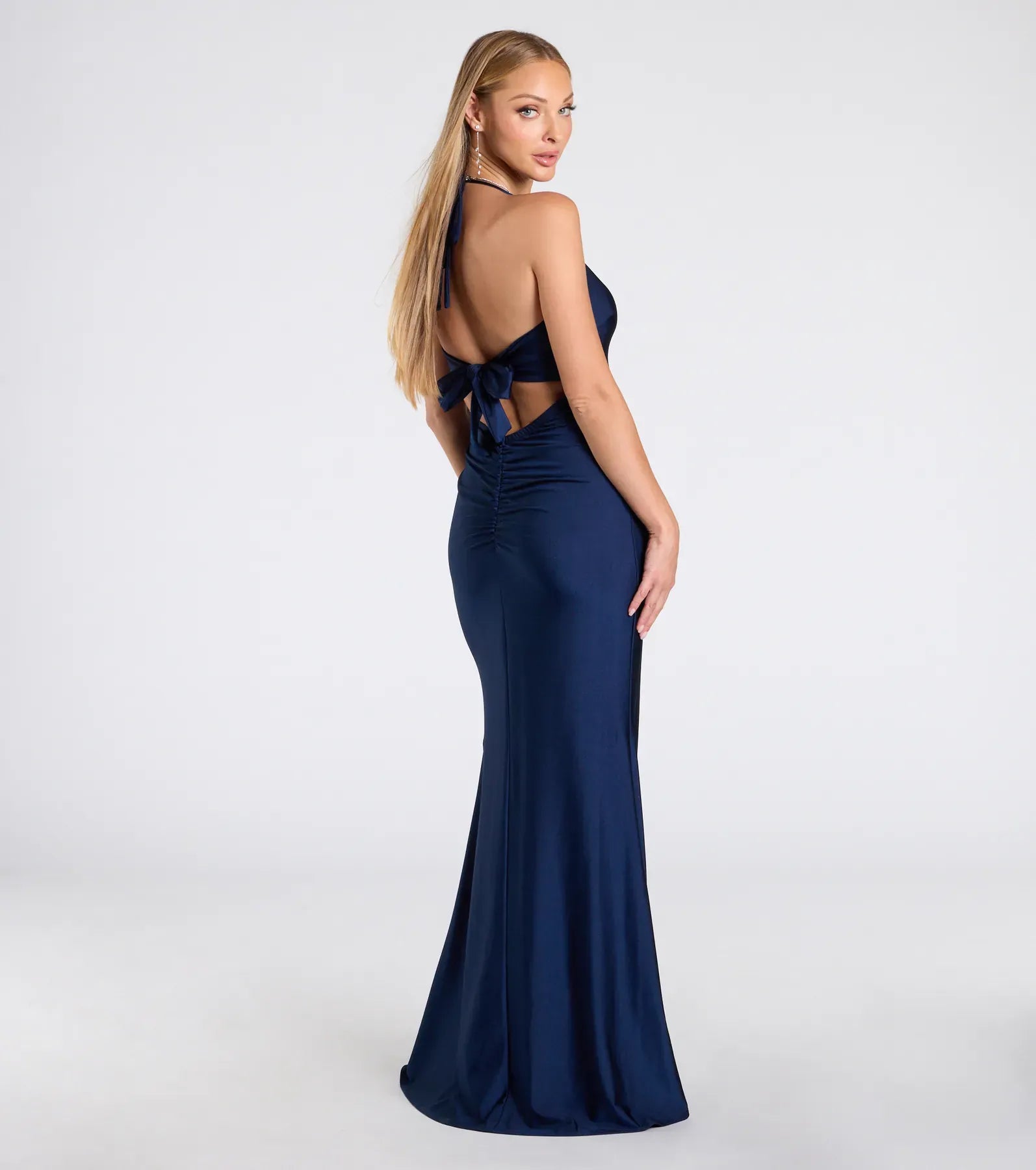 Mermaid Halter V-Neck Tie-Back Ruched Thigh-Slit Satin Maxi Wedding Guest Dress