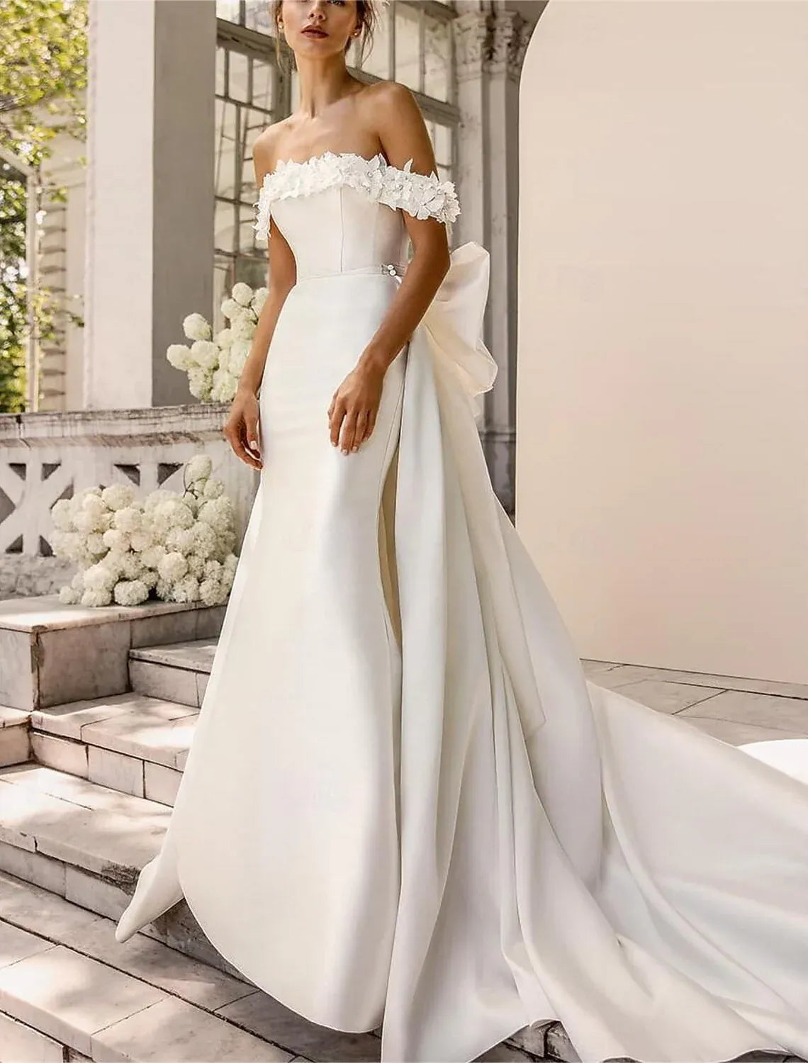 Mermaid Off Shoulder 3D Floral Big Bow Detachable Train Wedding Dress
