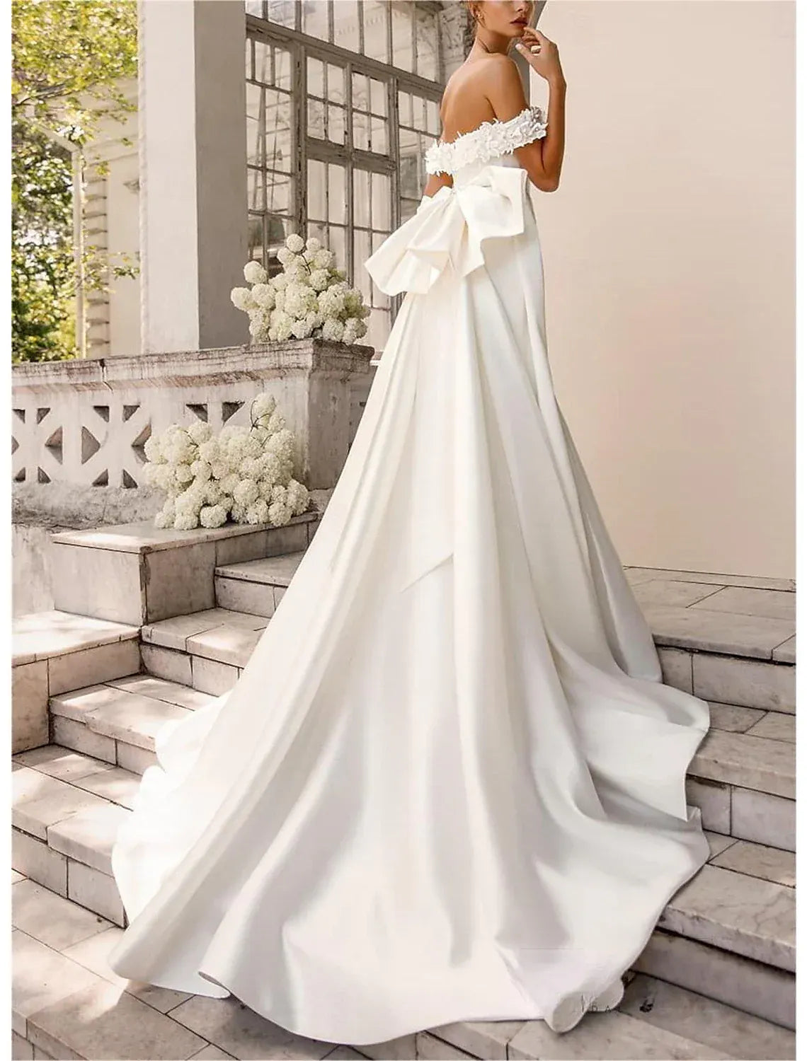 Mermaid Off Shoulder 3D Floral Big Bow Detachable Train Wedding Dress