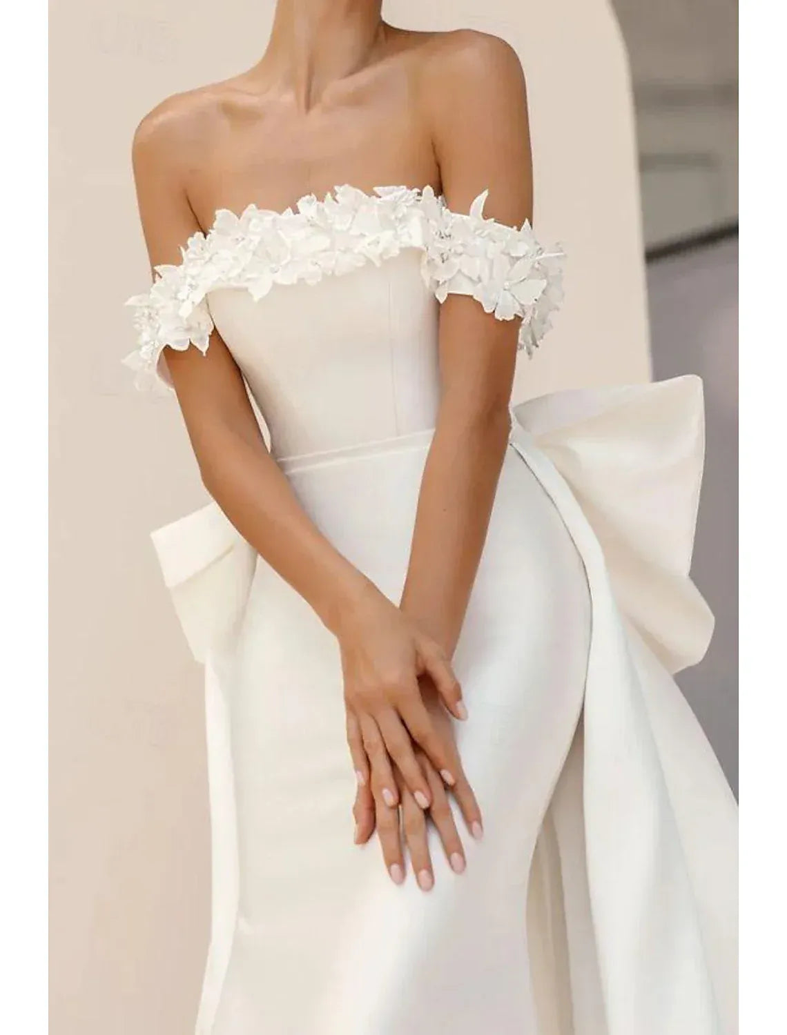 Mermaid Off Shoulder 3D Floral Big Bow Detachable Train Wedding Dress