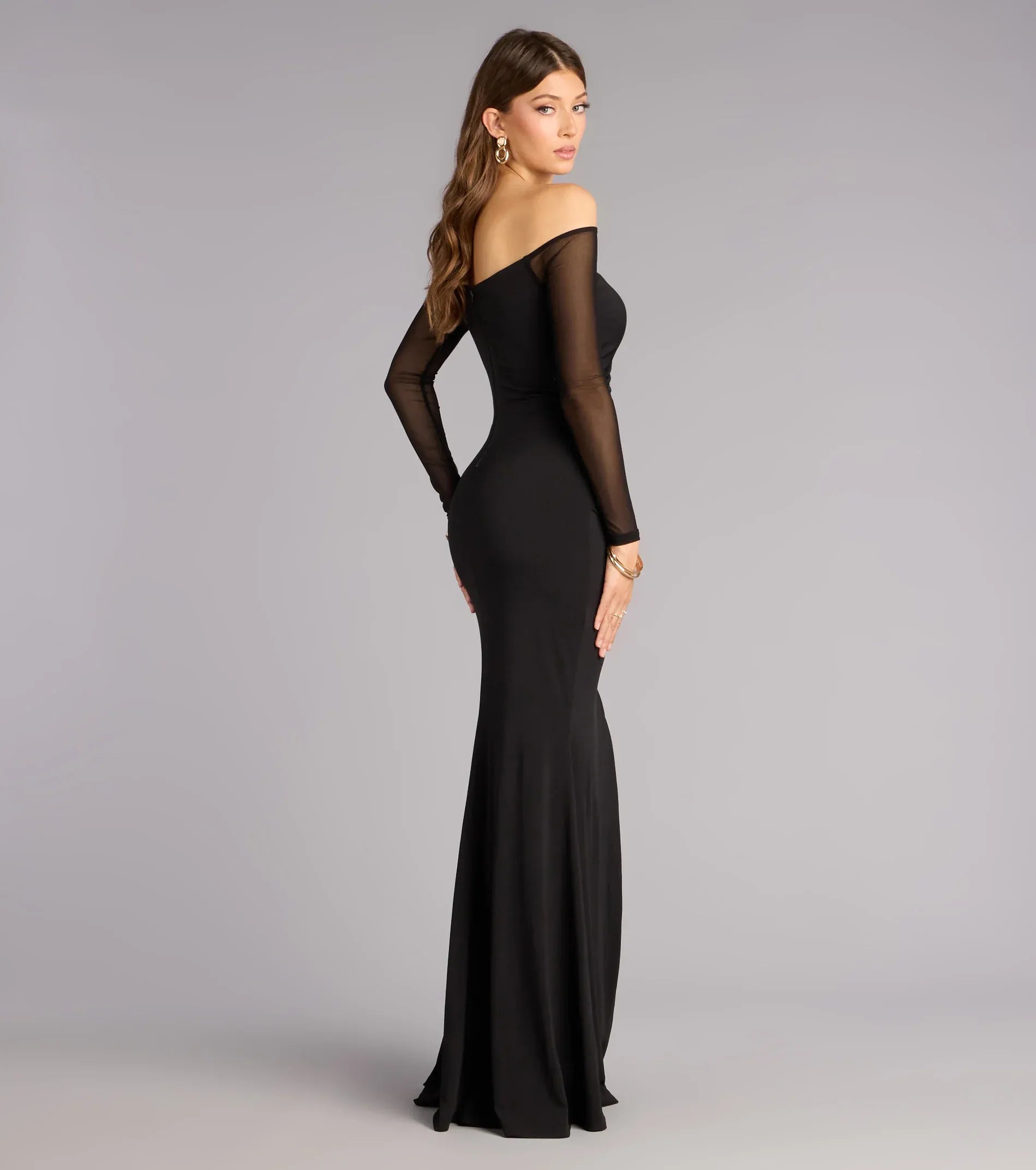 Mermaid Off-Shoulder Mesh-Sleeve Cutout Ruched Thigh-Slit Maxi Wedding Guest Dress