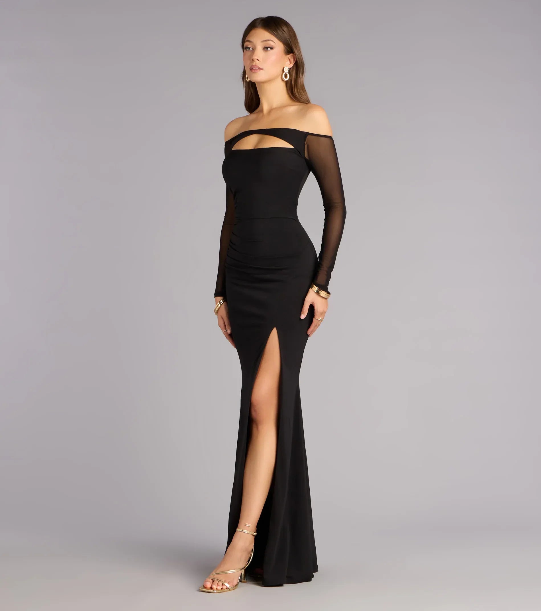 Mermaid Off-Shoulder Mesh-Sleeve Cutout Ruched Thigh-Slit Maxi Wedding Guest Dress