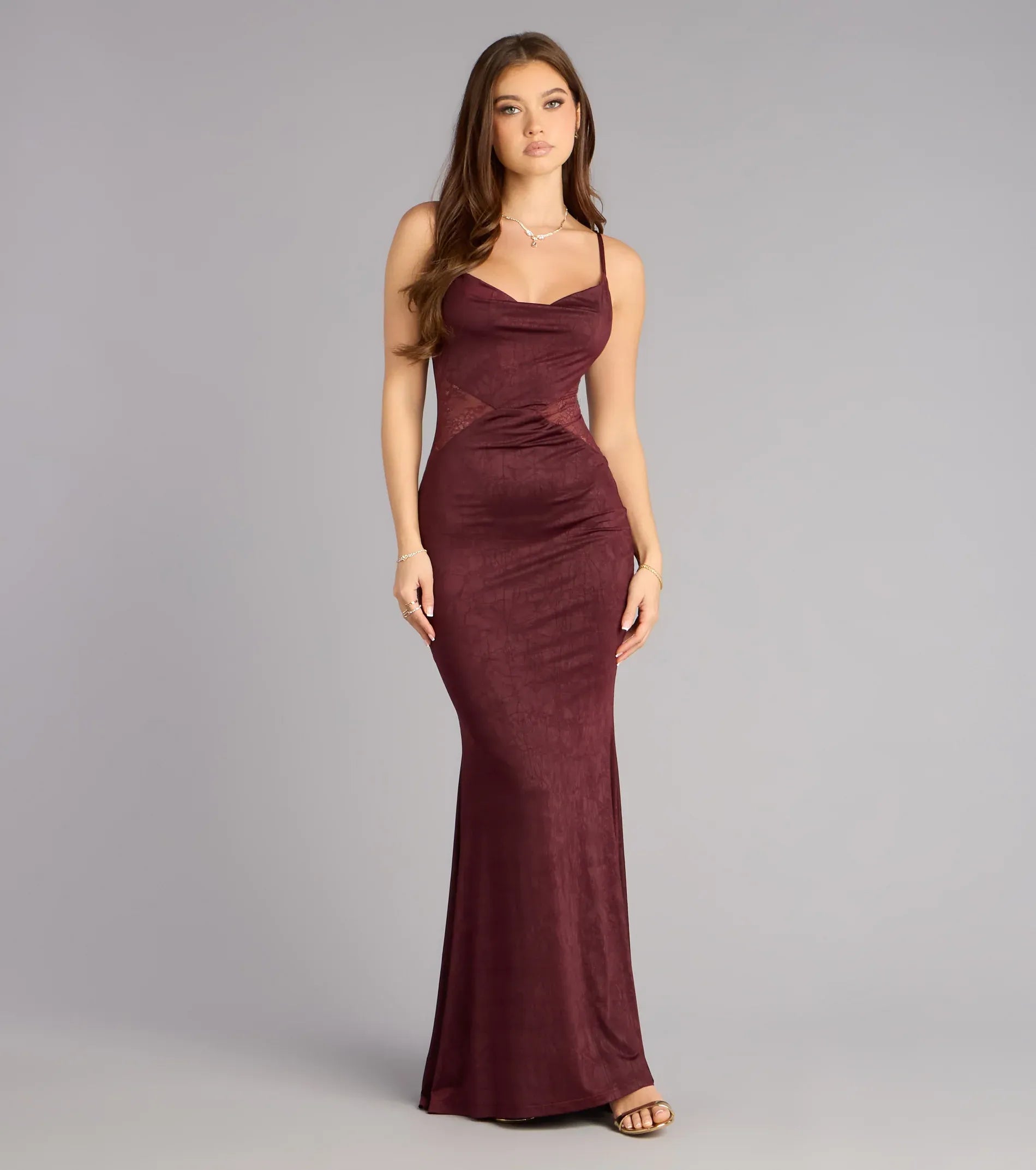 Mermaid Spaghetti Cowl Lace-Inset Low-Back Textured Maxi Wedding Guest Dress