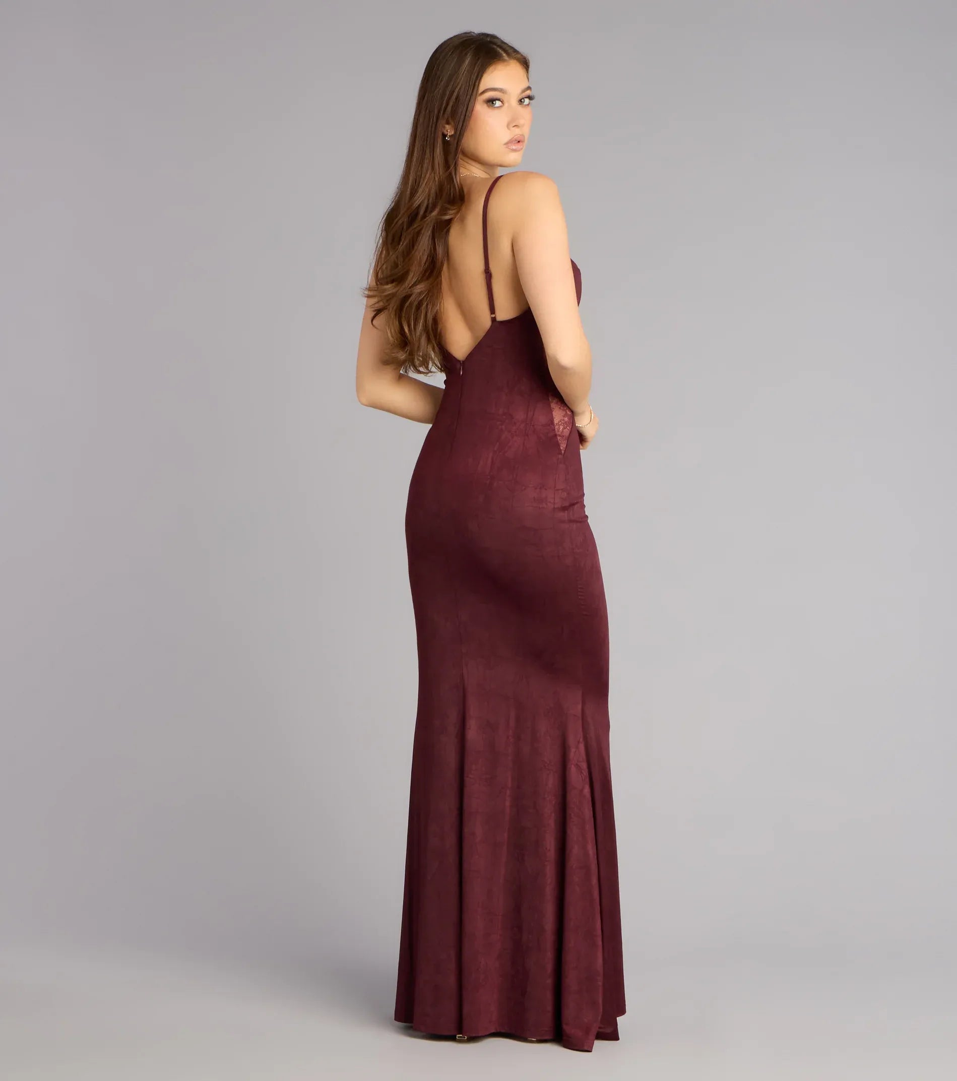 Mermaid Spaghetti Cowl Lace-Inset Low-Back Textured Maxi Wedding Guest Dress