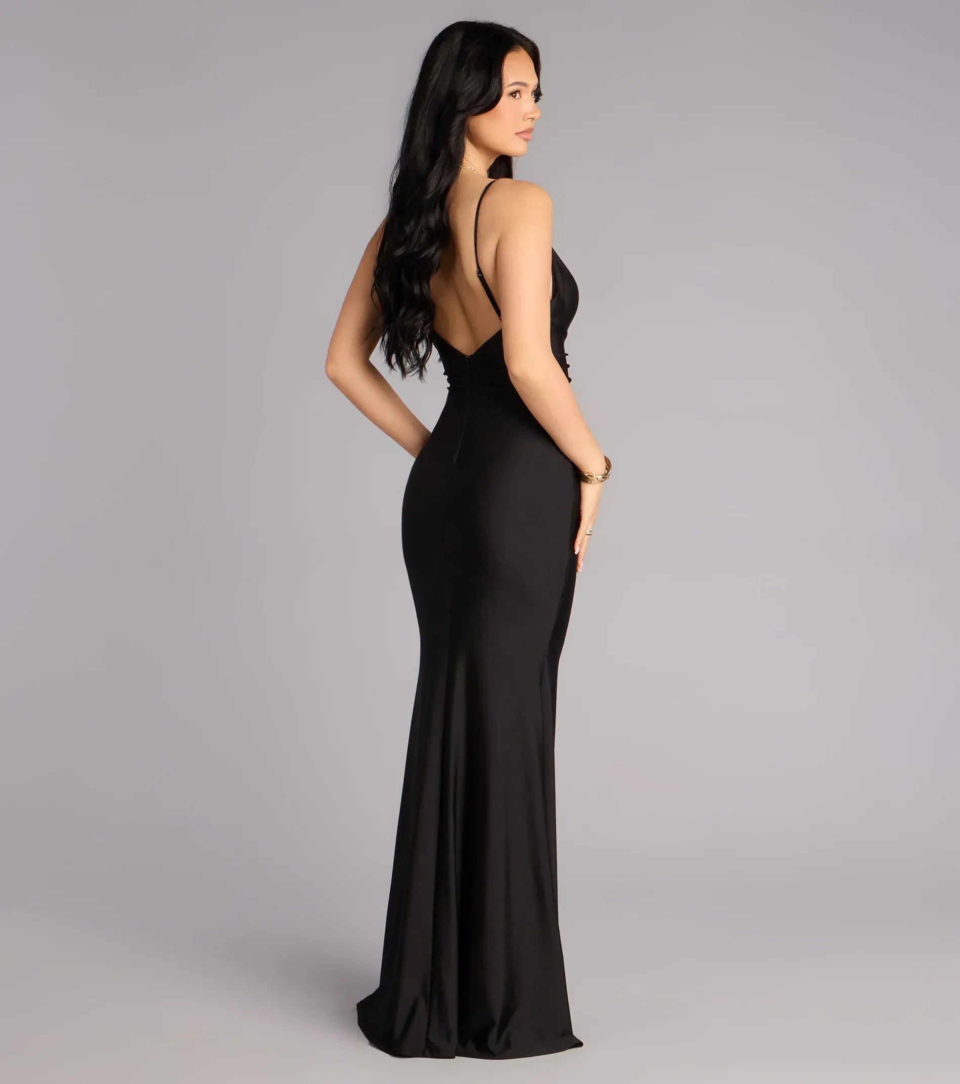 Mermaid Spaghetti Deep-V Floral-Applique Low-Back Maxi Wedding Guest Dress