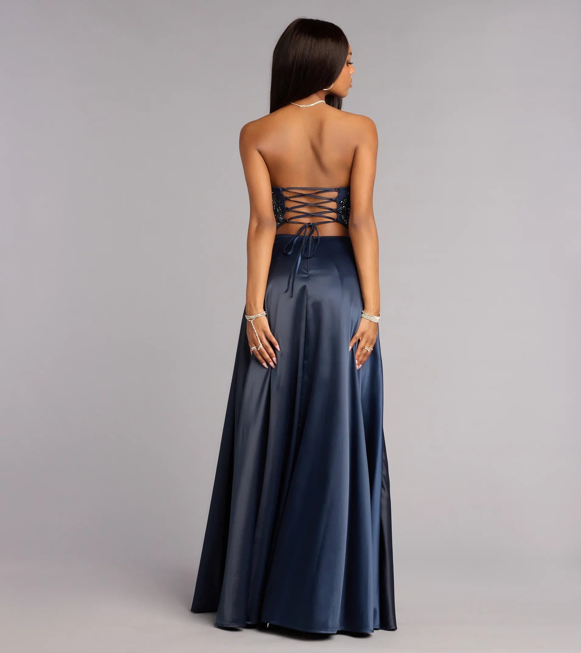 Mermaid Spaghetti Sheer-Corset Lace-Up-Back Ruched Slit Satin Maxi Wedding Guest Dress
