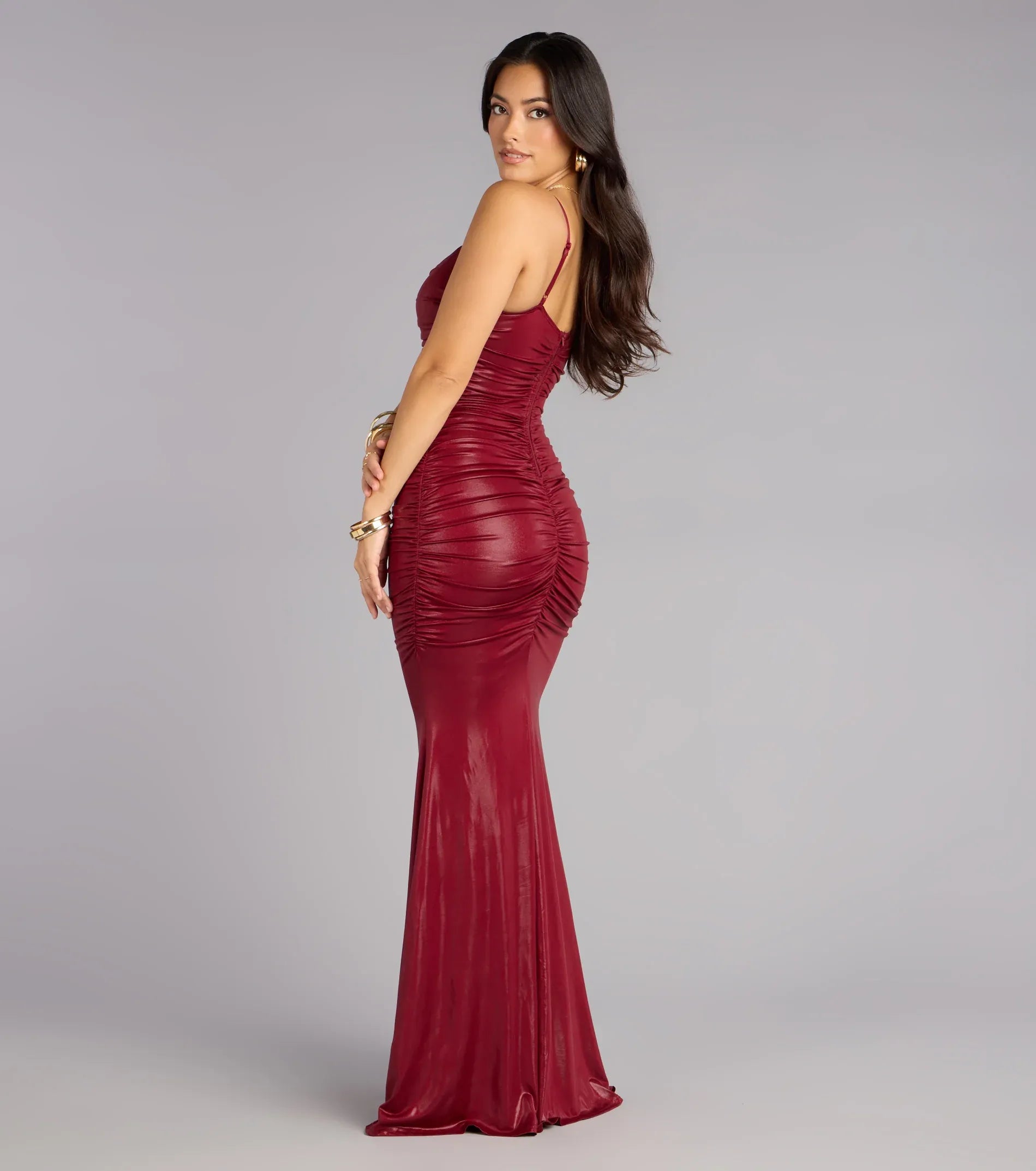 Mermaid Spaghetti V-Neck All-Ruched Shiny Knit Maxi Wedding Guest Dress