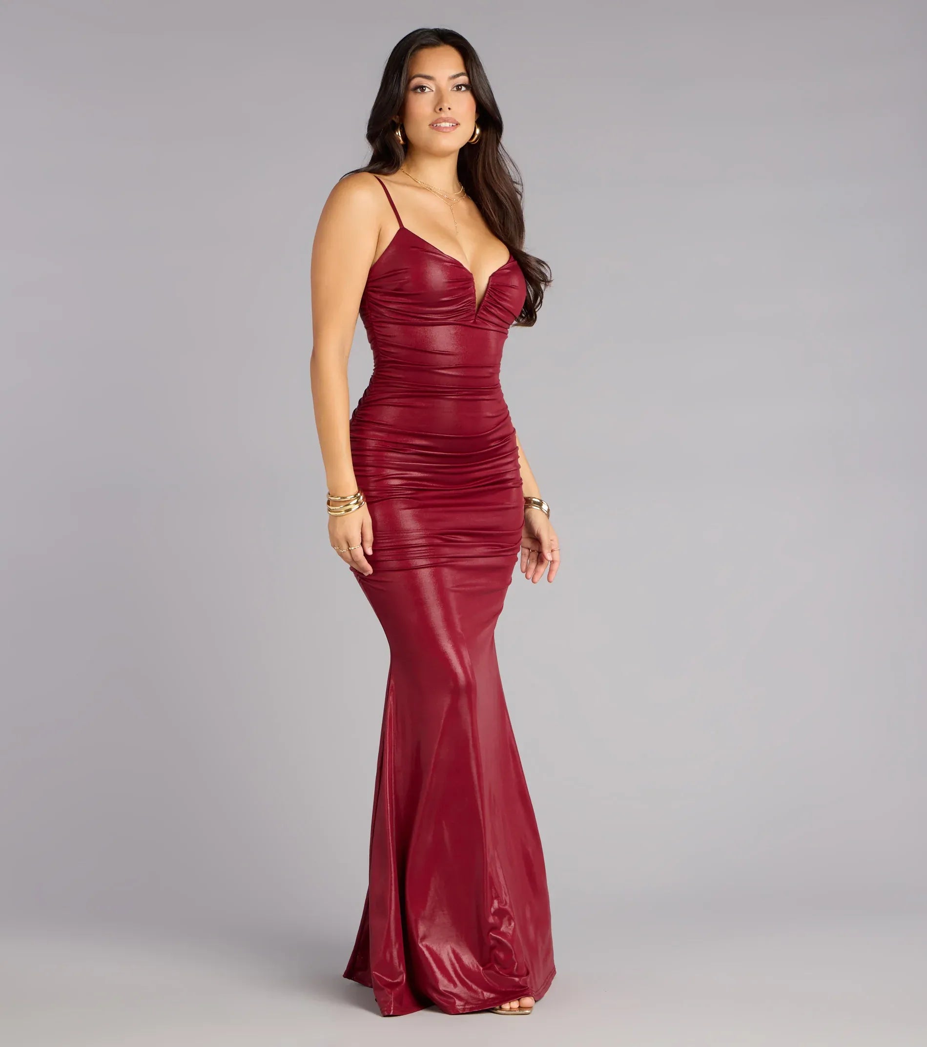 Mermaid Spaghetti V-Neck All-Ruched Shiny Knit Maxi Wedding Guest Dress