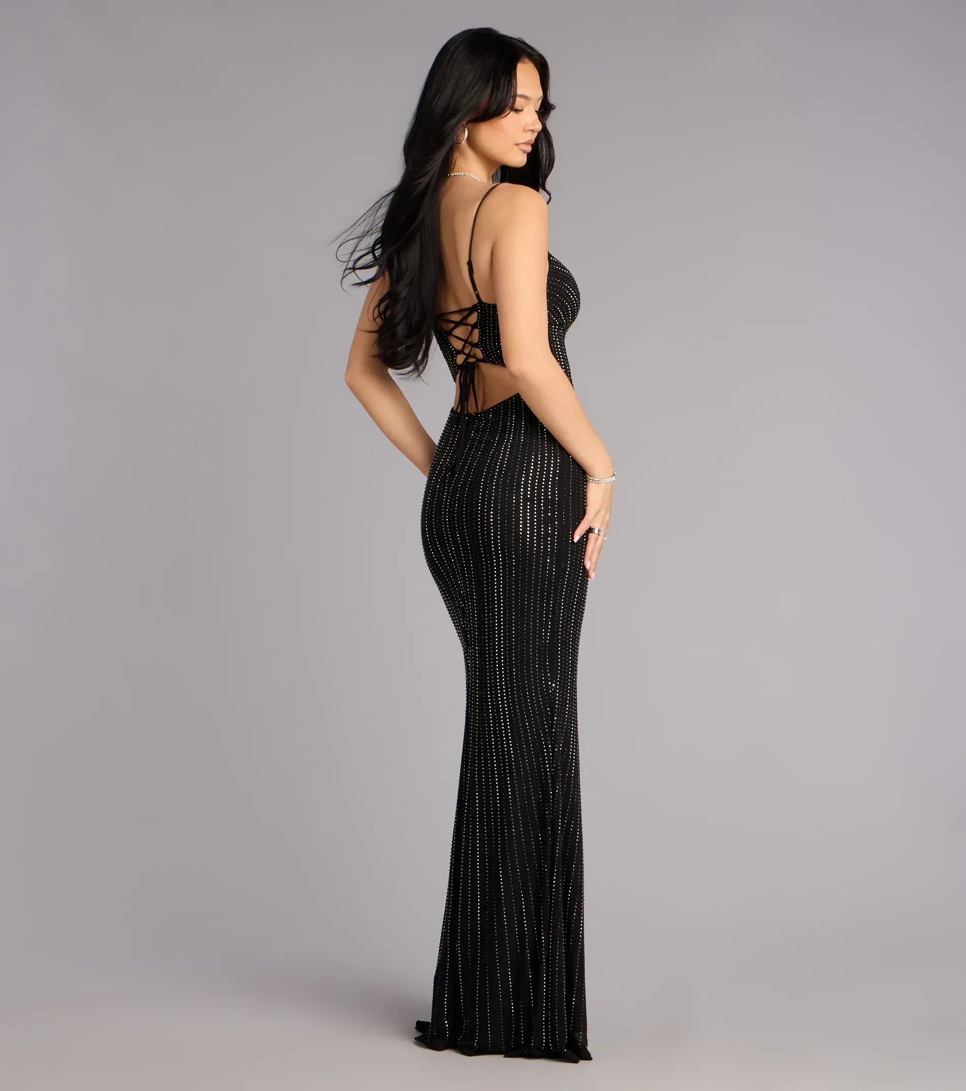 Mermaid Spaghetti V-Neck Mesh-Inset Lace-Up-Back Rhinestone High-Slit Maxi Wedding Guest Dress