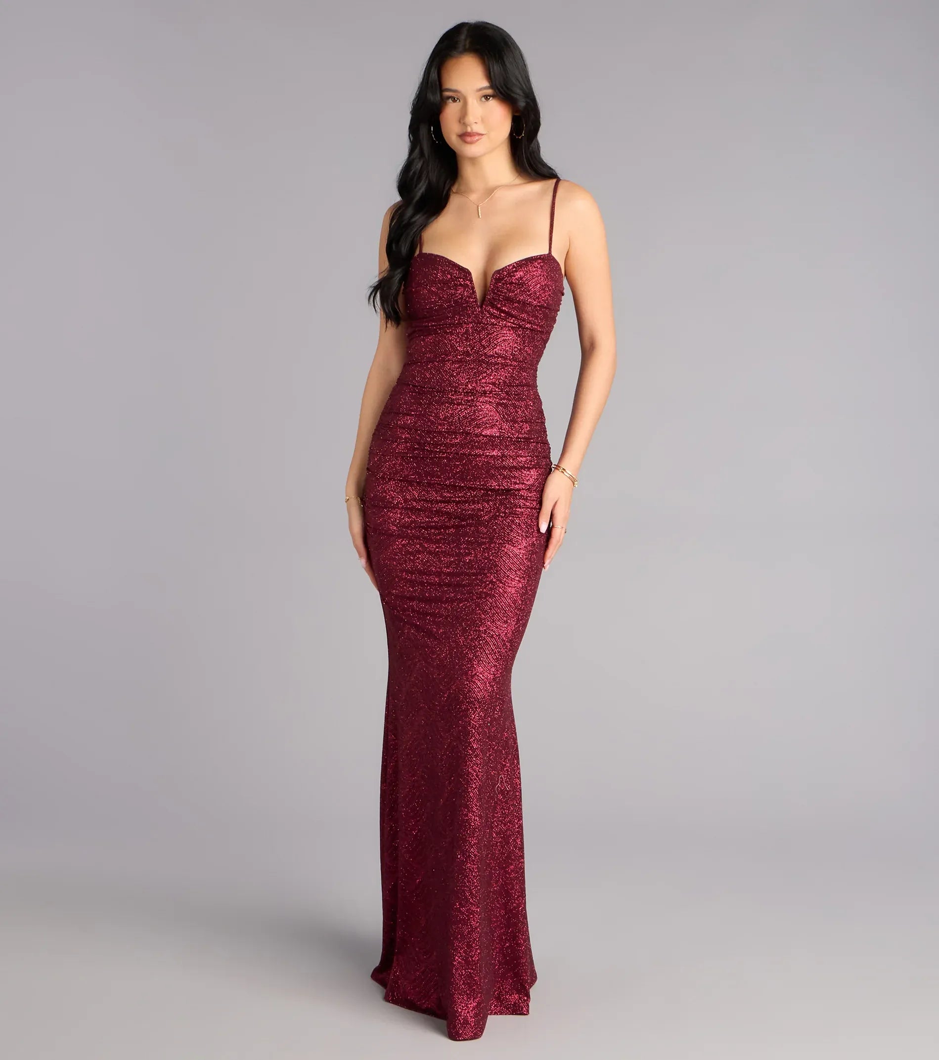 Mermaid Spaghetti V-Neck Ruched Low-Back Glitter Mesh Maxi Wedding Guest Dress