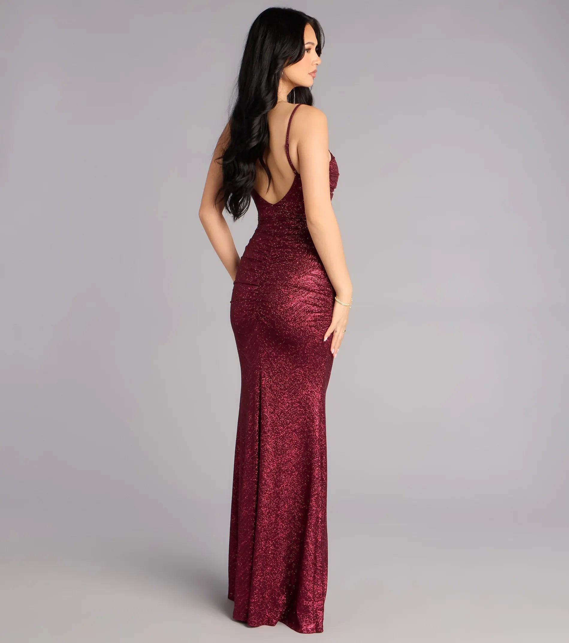 Mermaid Spaghetti V-Neck Ruched Low-Back Glitter Mesh Maxi Wedding Guest Dress