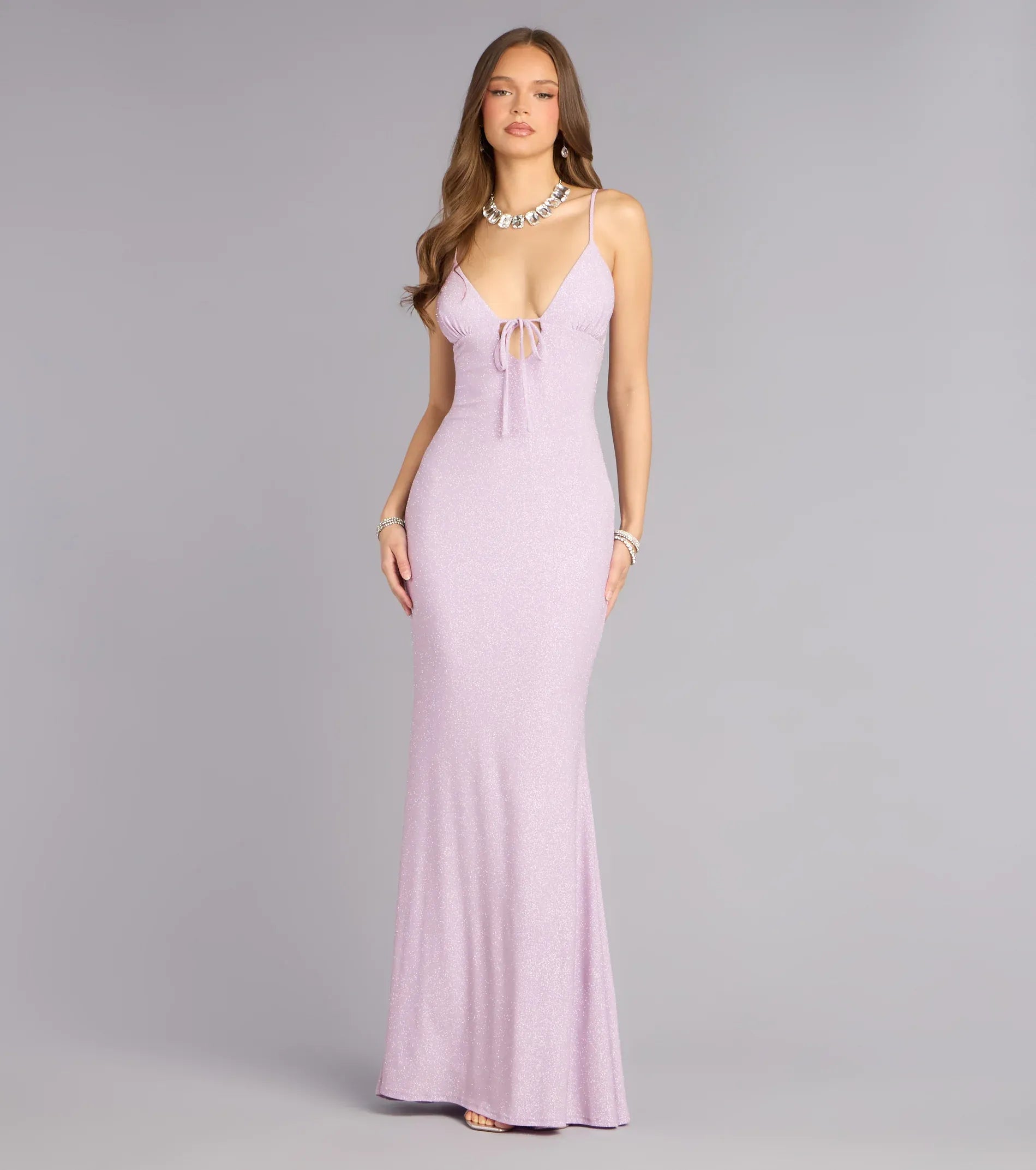 Mermaid Spaghetti V-Neck Tie-Back Keyhole Glitter Knit Maxi Wedding Guest Dress