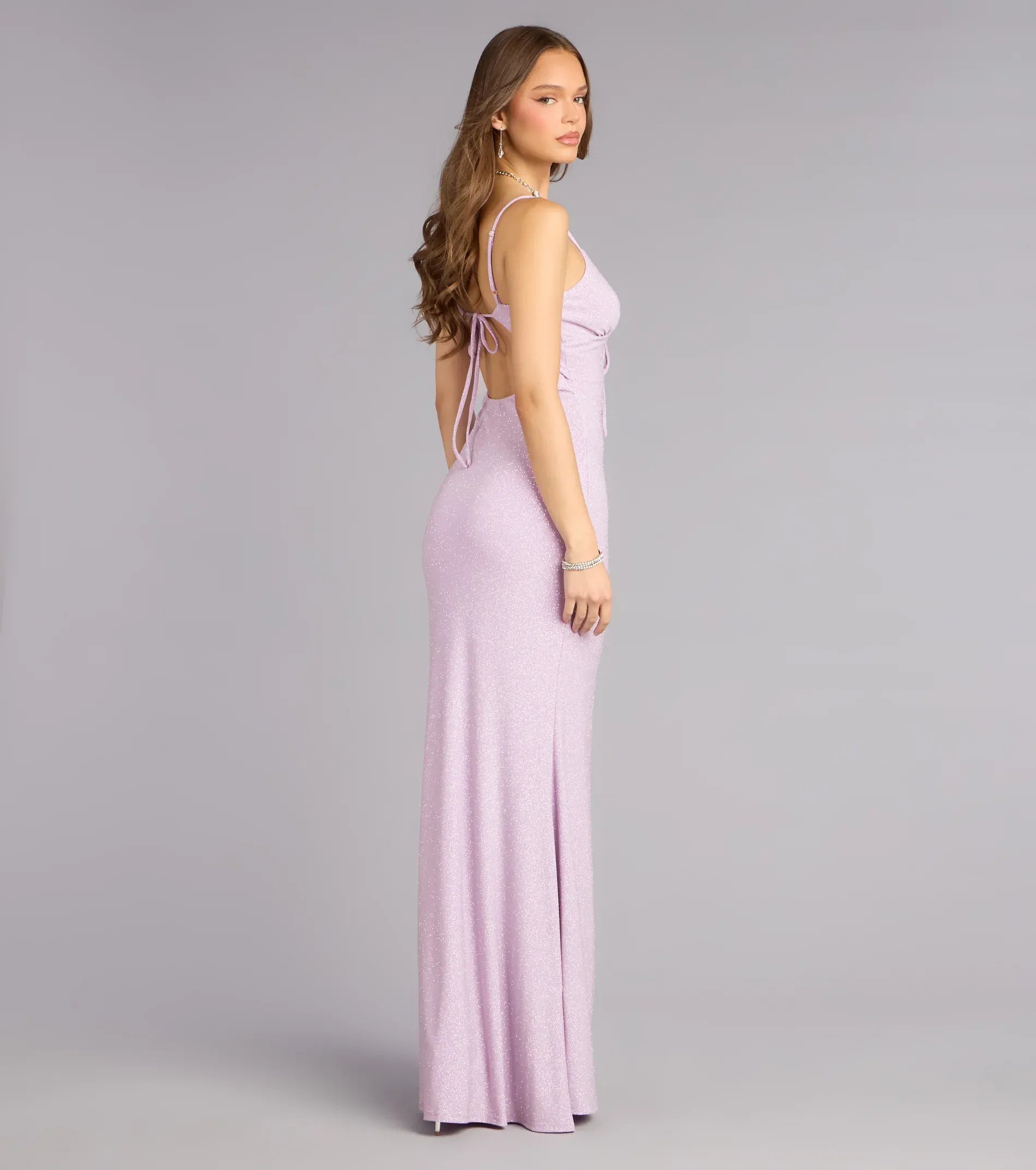 Mermaid Spaghetti V-Neck Tie-Back Keyhole Glitter Knit Maxi Wedding Guest Dress