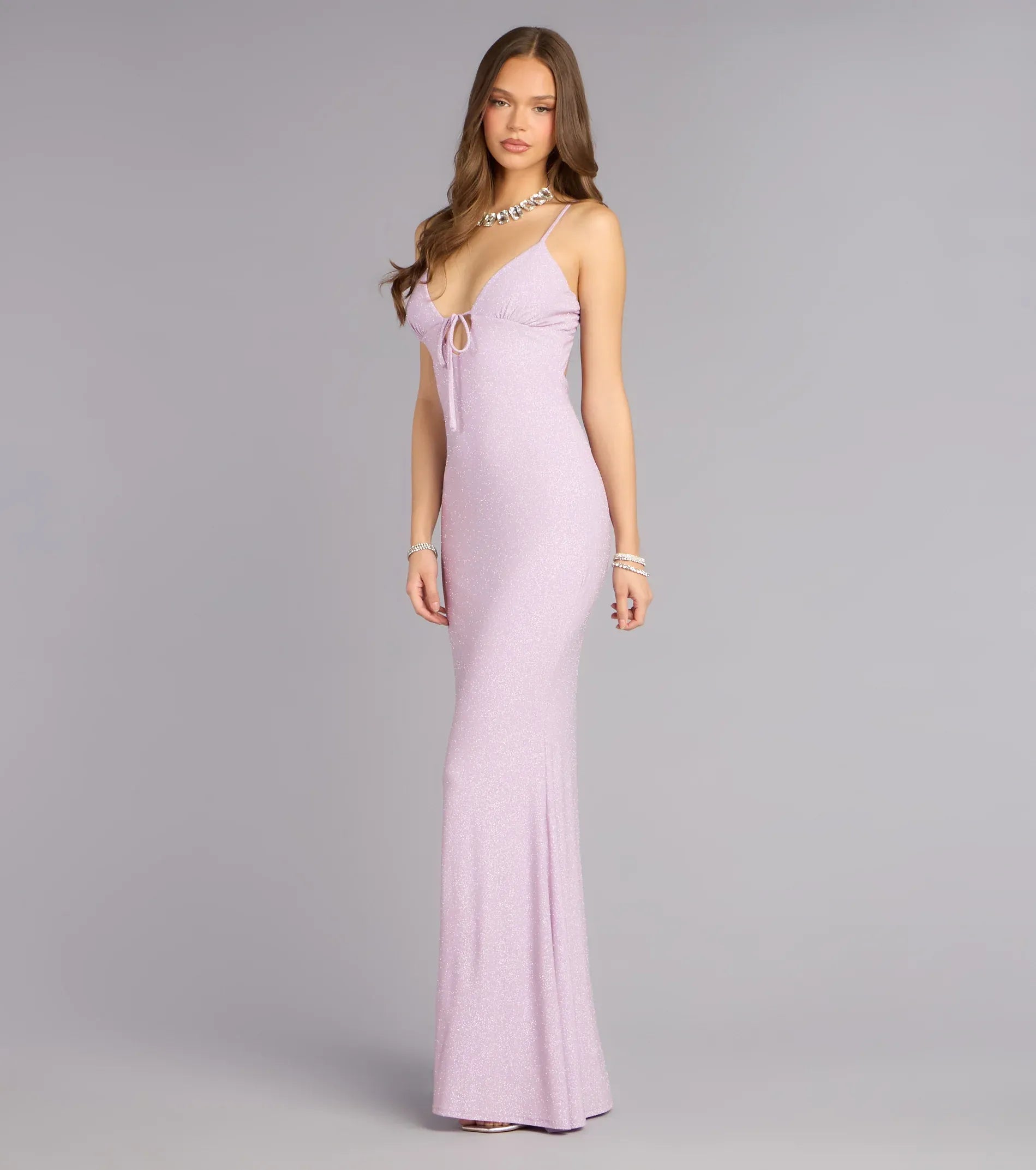 Mermaid Spaghetti V-Neck Tie-Back Keyhole Glitter Knit Maxi Wedding Guest Dress