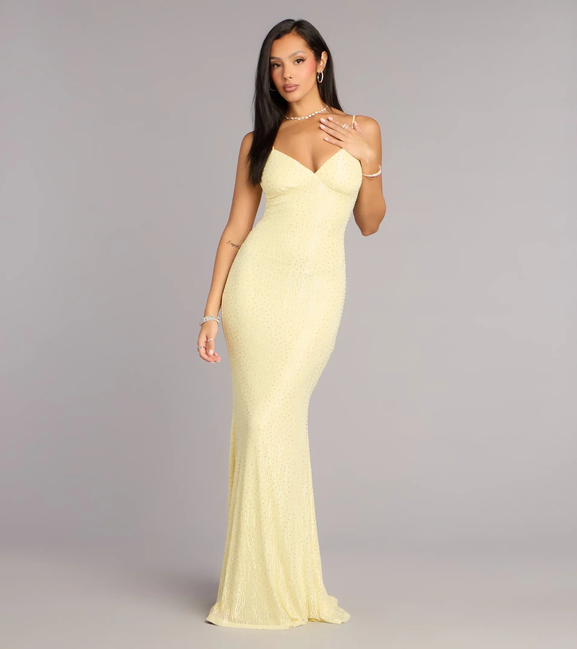 Mermaid Spaghetti V-Neck Tie-Back Rhinestone Wave-Mesh Maxi Wedding Guest Dress