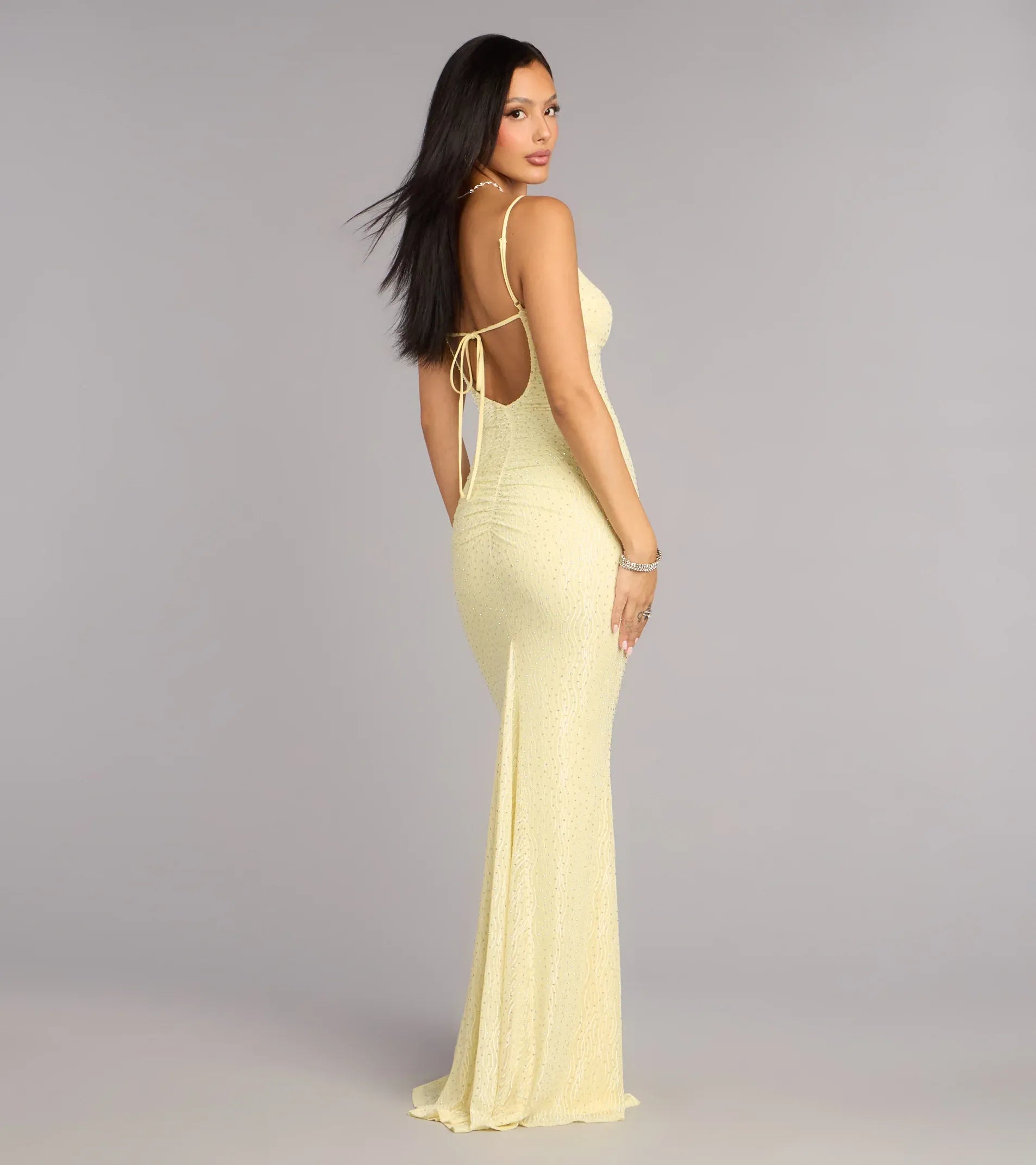 Mermaid Spaghetti V-Neck Tie-Back Rhinestone Wave-Mesh Maxi Wedding Guest Dress