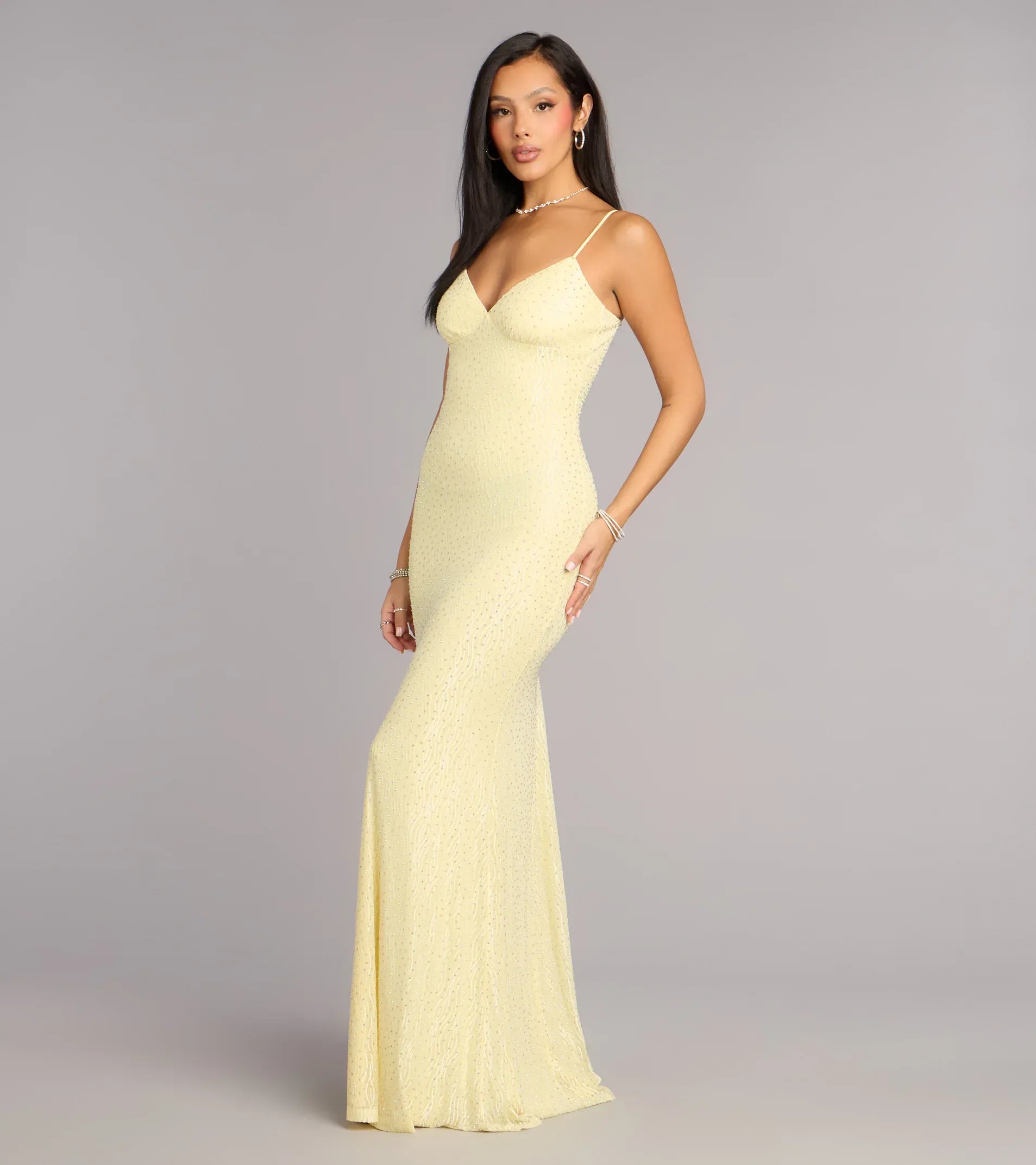 Mermaid Spaghetti V-Neck Tie-Back Rhinestone Wave-Mesh Maxi Wedding Guest Dress