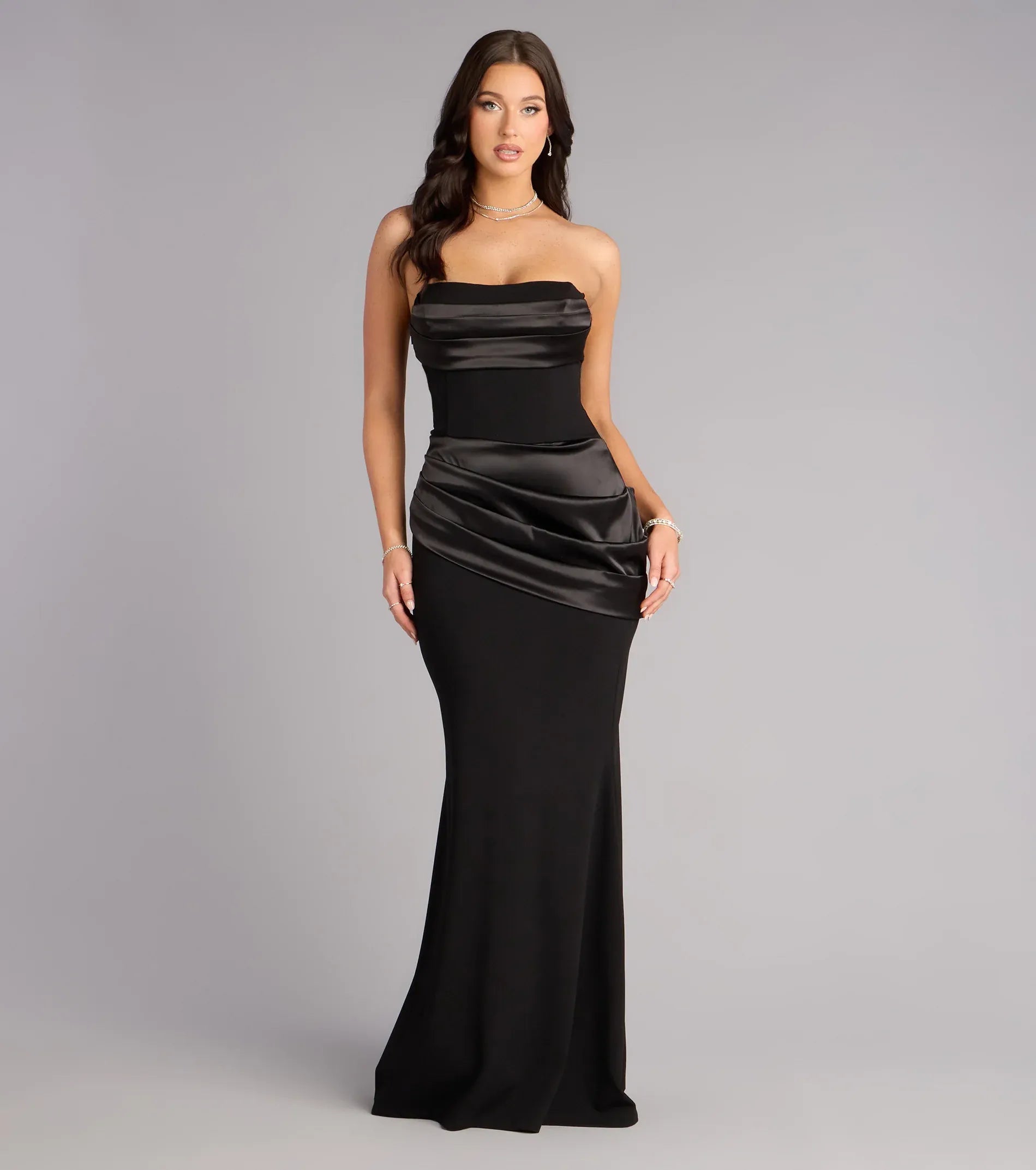 Mermaid Strapless Satin-Ruched Lace-Up-Back Maxi Formal Evening Dress