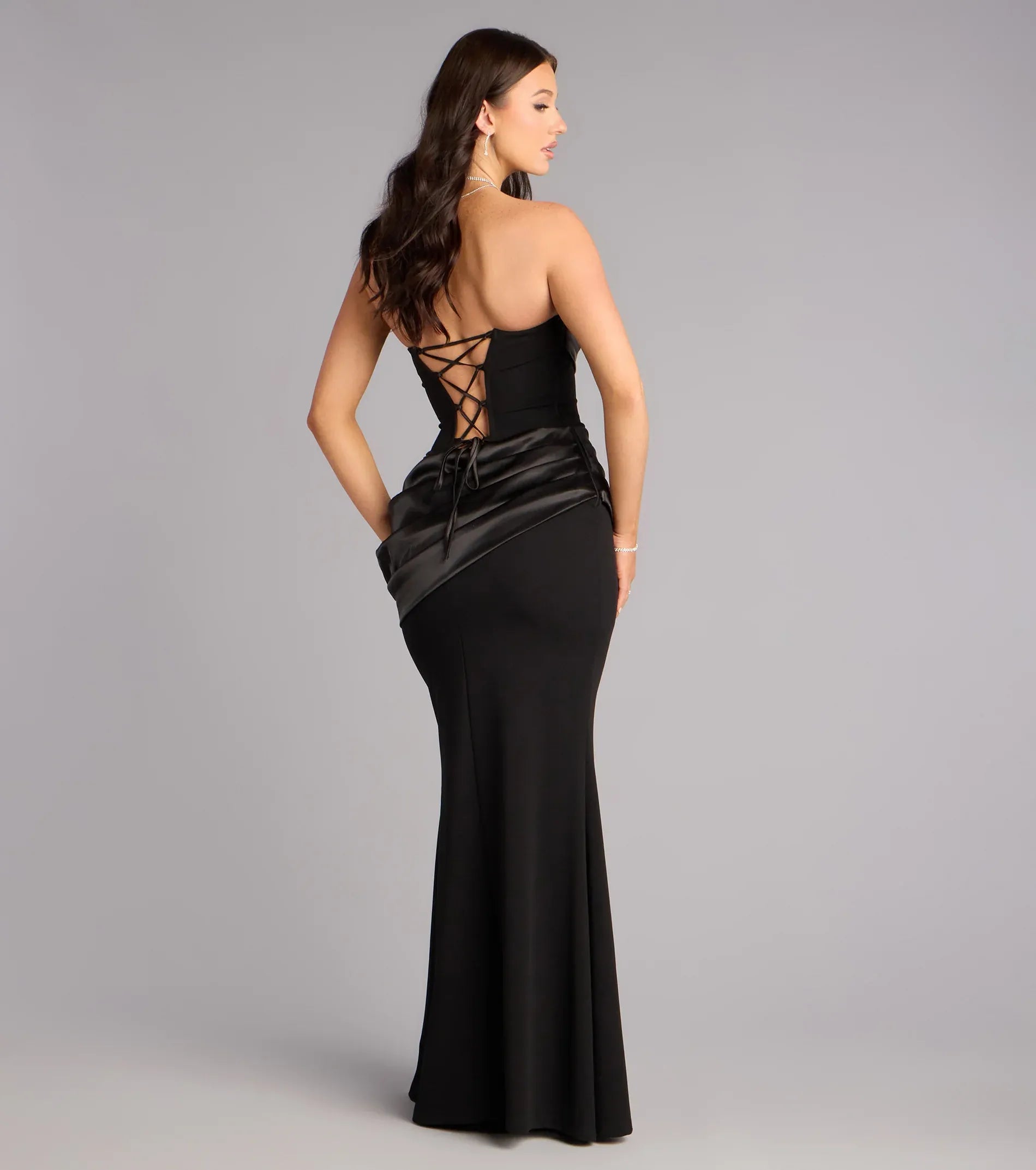 Mermaid Strapless Satin-Ruched Lace-Up-Back Maxi Formal Evening Dress