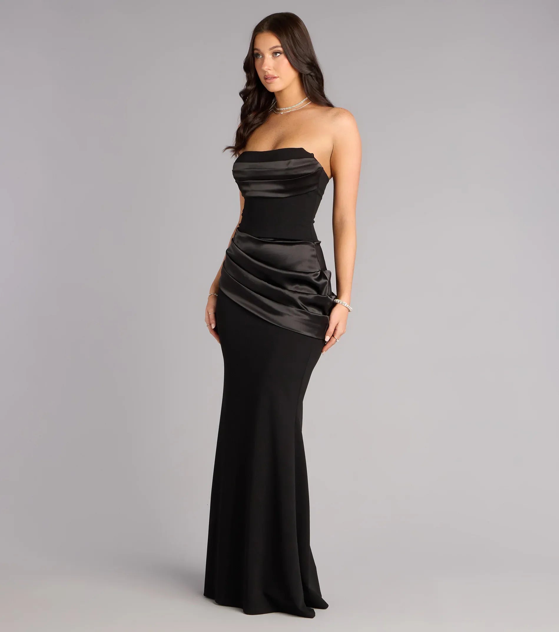 Mermaid Strapless Satin-Ruched Lace-Up-Back Maxi Formal Evening Dress