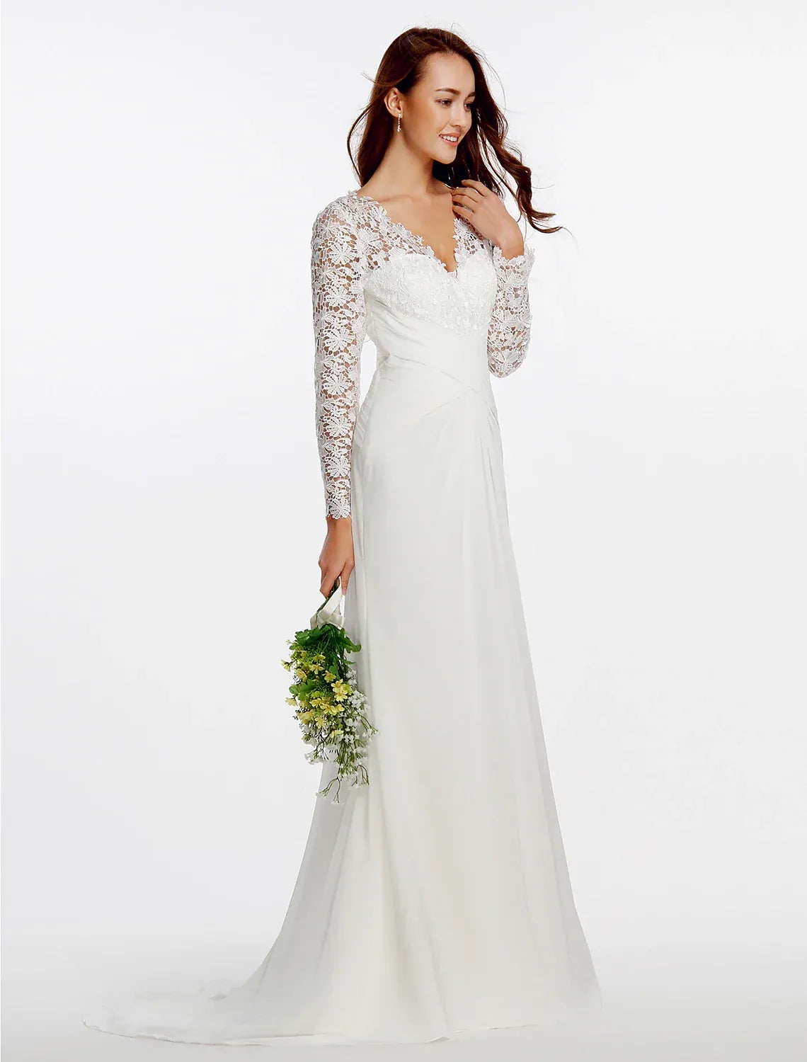 Mermaid V Long Sleeve Floral Lace Chiffon Corset Back Train Wedding Dress