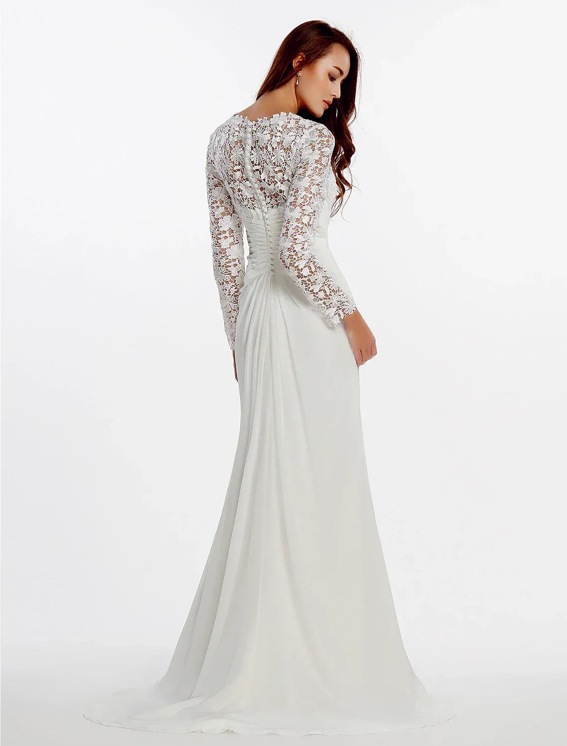 Mermaid V Long Sleeve Floral Lace Chiffon Corset Back Train Wedding Dress