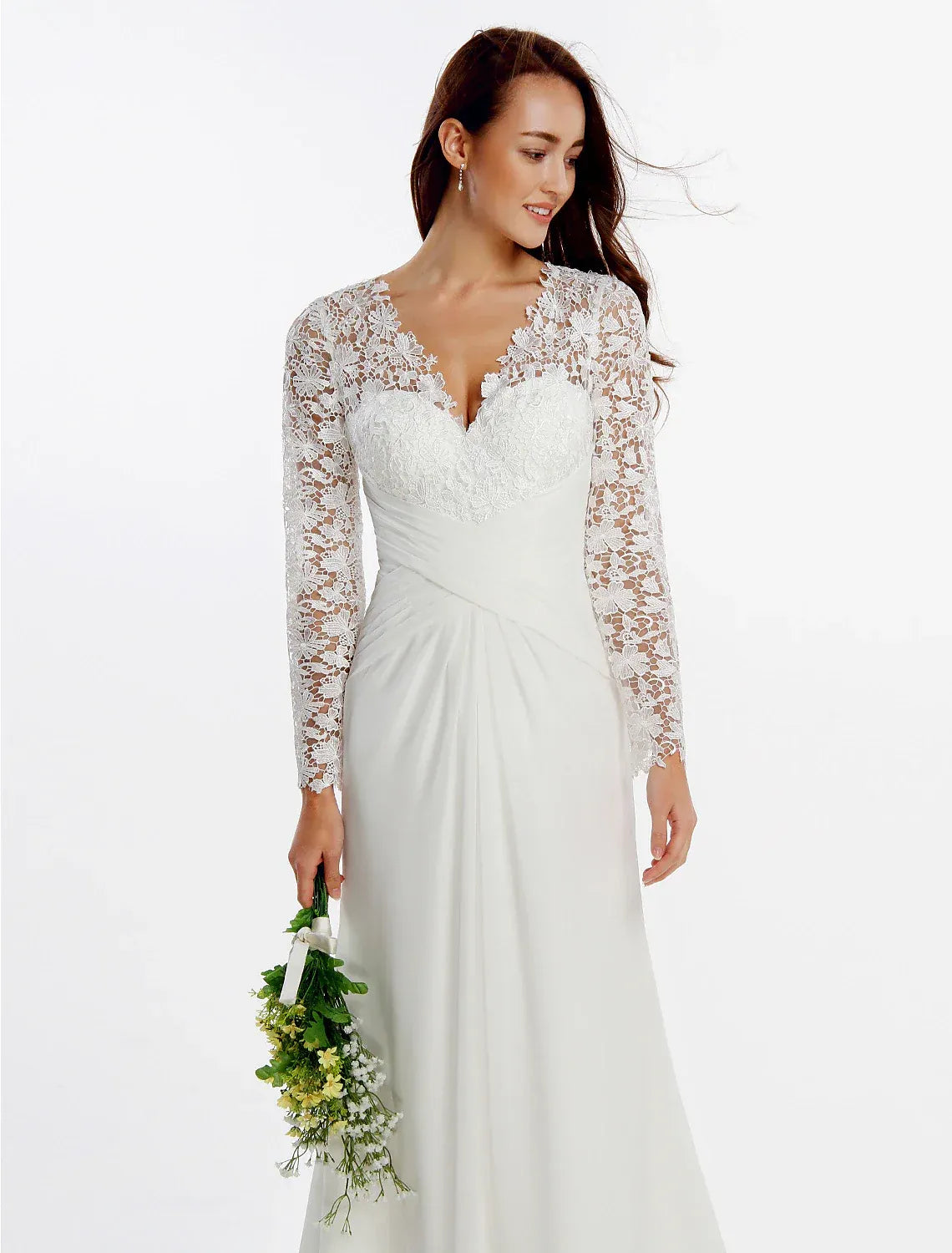 Mermaid V Long Sleeve Floral Lace Chiffon Corset Back Train Wedding Dress