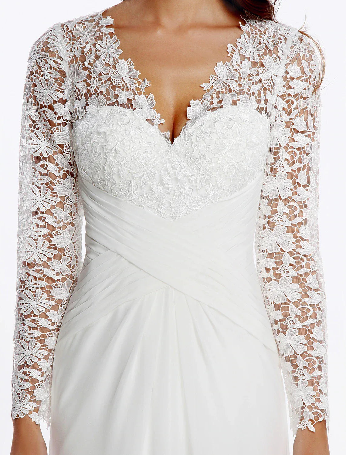 Mermaid V Long Sleeve Floral Lace Chiffon Corset Back Train Wedding Dress