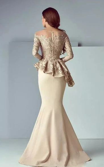 Mermaid Long Sleeve Floor-length Satin Lace Mother of the Bride Dress with Ruffles
