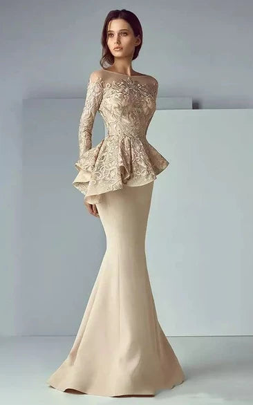 Mermaid Long Sleeve Floor-length Satin Lace Mother of the Bride Dress with Ruffles