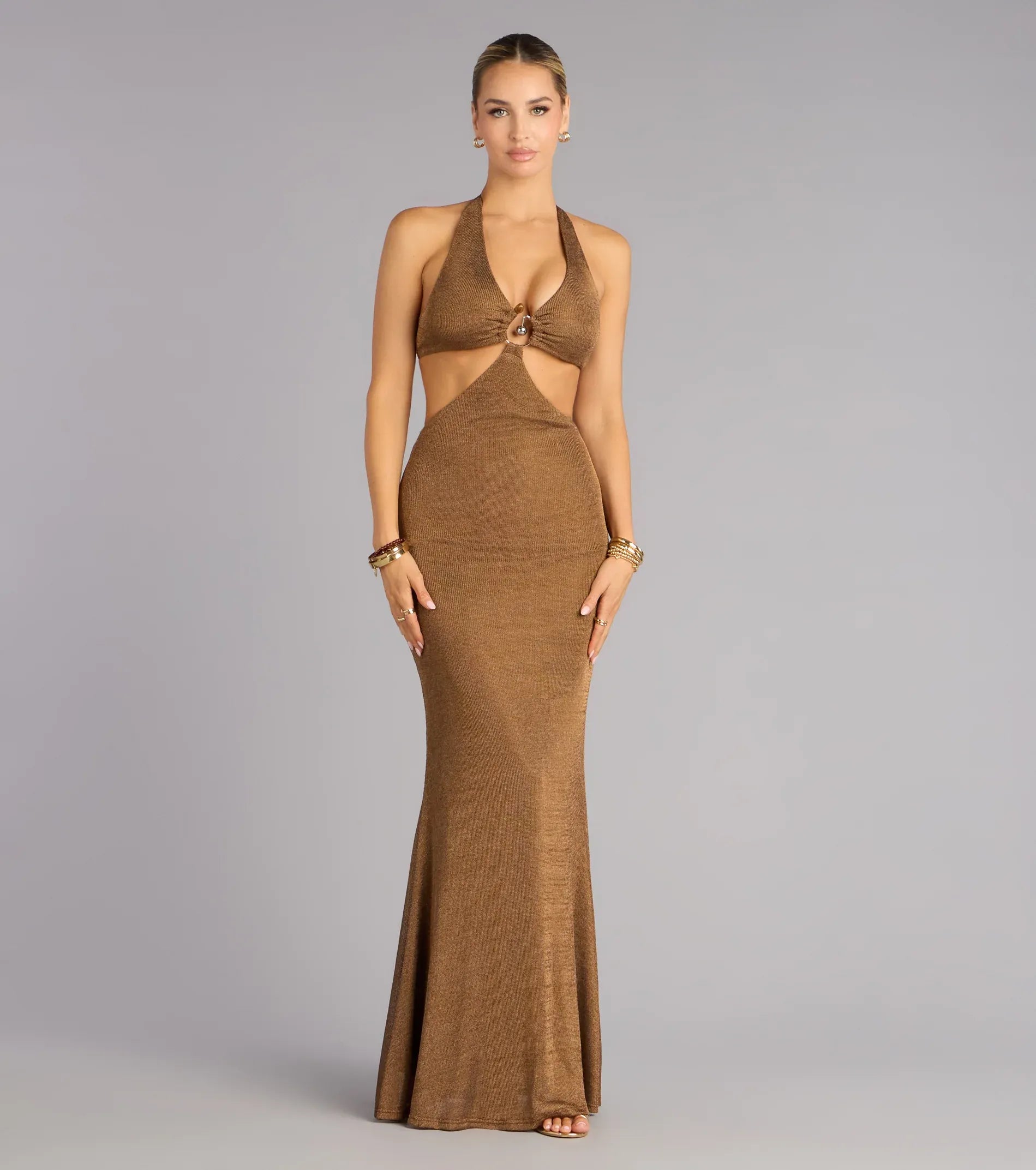 Metallic Mermaid Halter Sleeveless Tie-Back Cutout Maxi Wedding Guest Dress