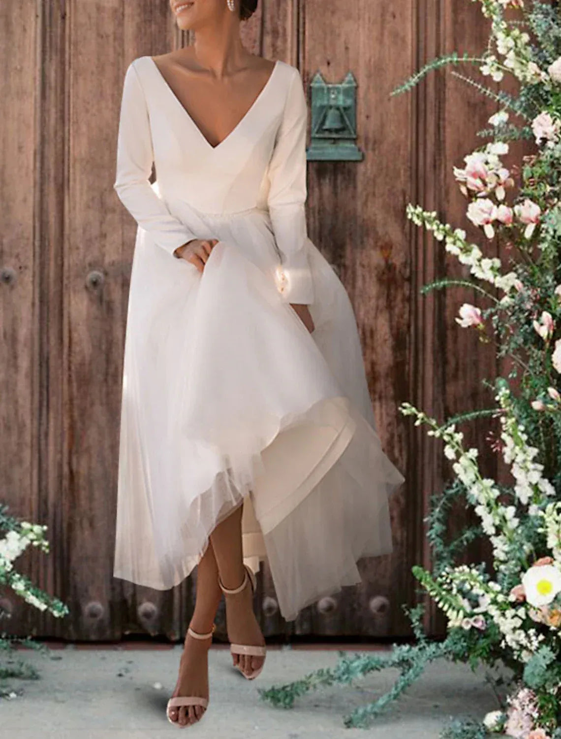 Midi A-Line V Long Sleeve Pearl Back Crepe Tulle Wedding Dress