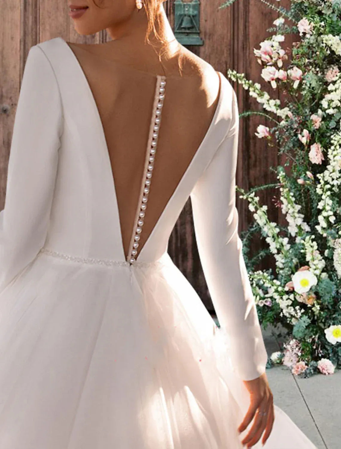 Midi A-Line V Long Sleeve Pearl Back Crepe Tulle Wedding Dress
