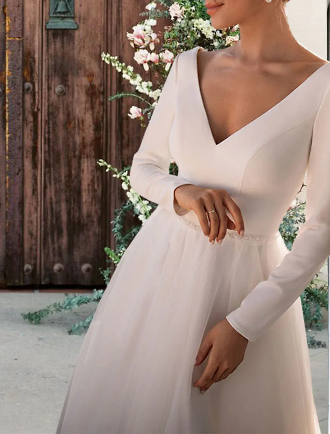 Midi A-Line V Long Sleeve Pearl Back Crepe Tulle Wedding Dress
