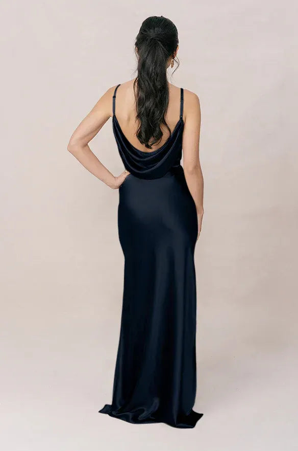 Midnight Blue Cowl Neck Spaghetti Strap Open Back Mermaid Satin Bridesmaid Dress