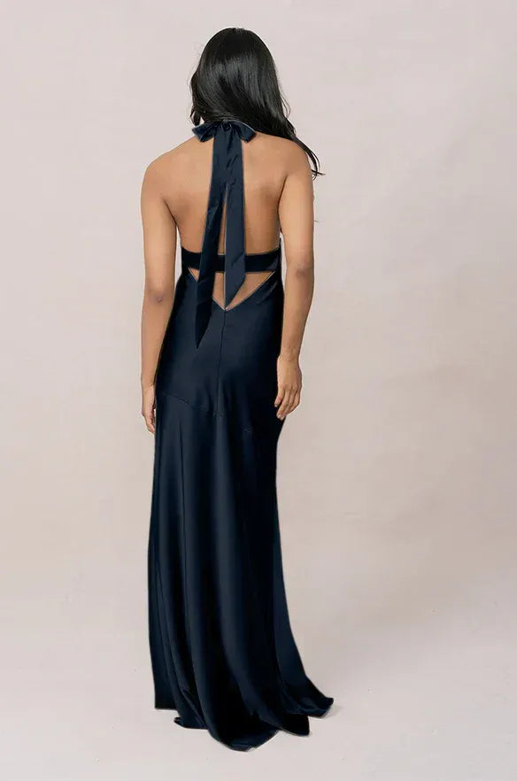 Midnight Blue Halter Twist Keyhole Open Back High Slit Mermaid Satin Bridesmaid Dress