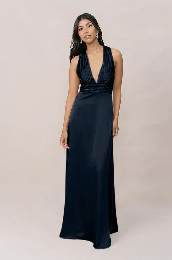 Midnight Blue Halter V-Neck Cross-Back Satin Bridesmaid Dress