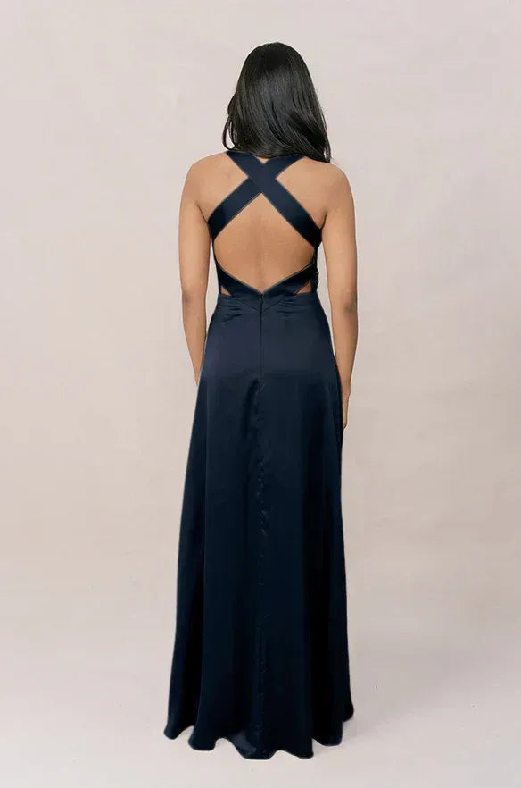 Midnight Blue Halter V-Neck Cross-Back Satin Bridesmaid Dress