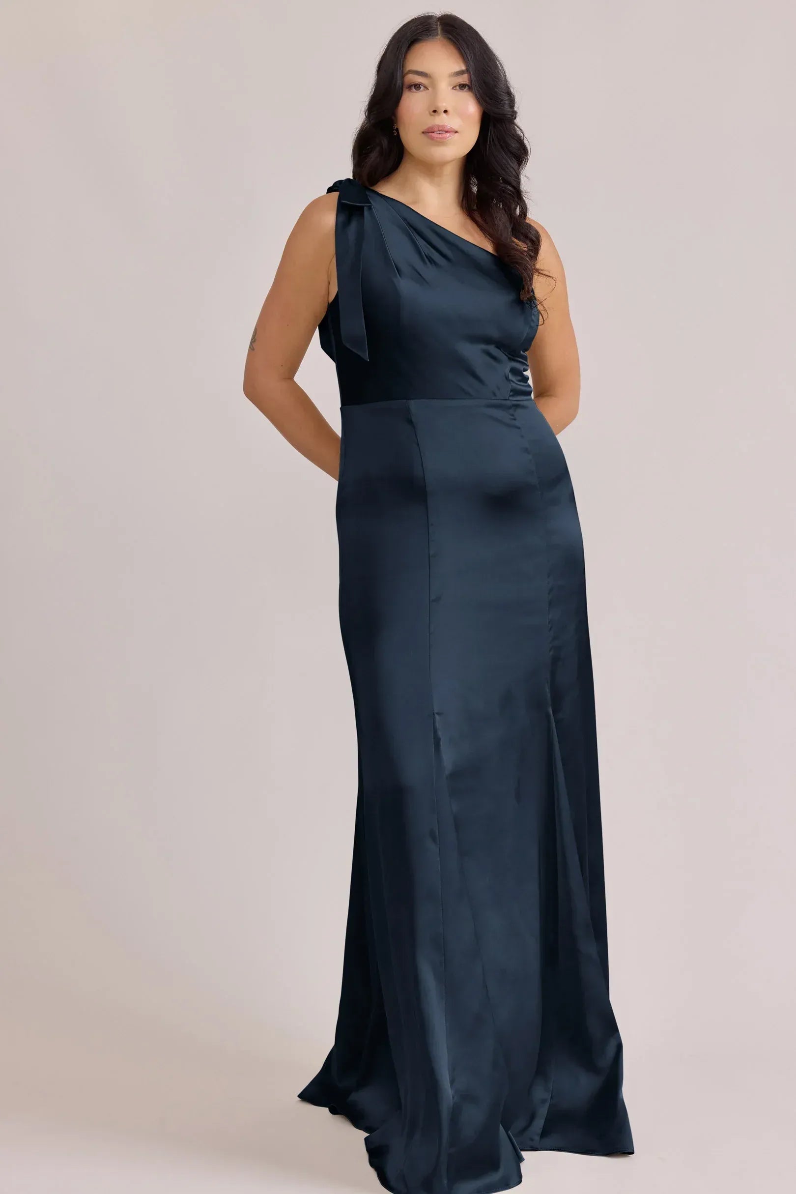 Midnight Blue One Shoulder Bow Tie Backless Mermaid Satin Bridesmaid Dress