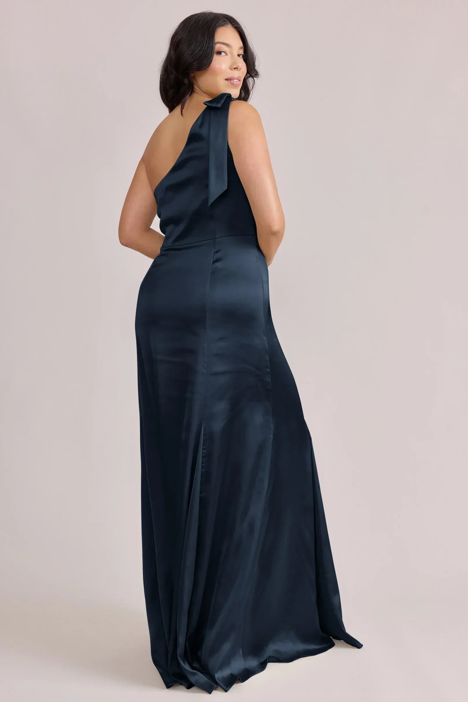 Midnight Blue One Shoulder Bow Tie Backless Mermaid Satin Bridesmaid Dress