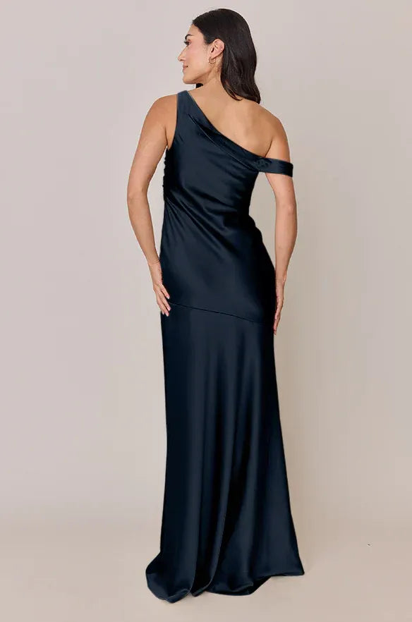 Midnight Blue One-Shoulder Draped High-Slit Mermaid Satin Bridesmaid Dress