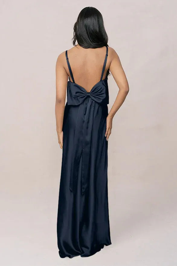 Midnight Blue Square Neck Spaghetti Strap Bow Back High Slit Mermaid Satin Bridesmaid Dress
