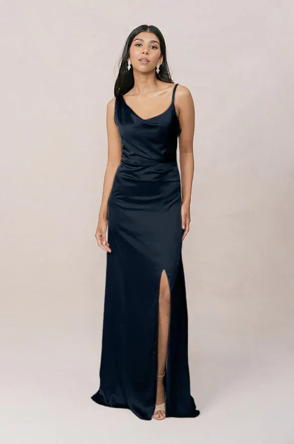 Midnight Navy Asymmetrical Strap Cowl Neck High Slit Satin Bridesmaid Dress