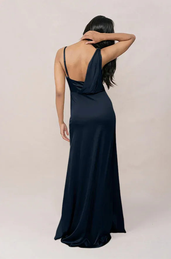 Midnight Navy Asymmetrical Strap Cowl Neck High Slit Satin Bridesmaid Dress
