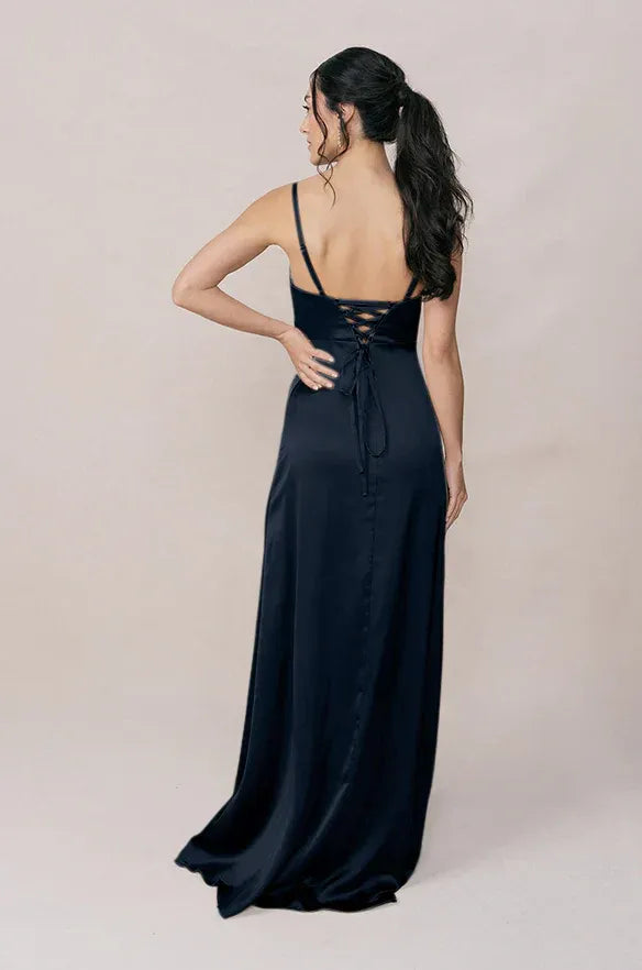 Midnight Navy Cowl Neck Spaghetti Strap Lace-Up Back High Slit Satin Bridesmaid Dress