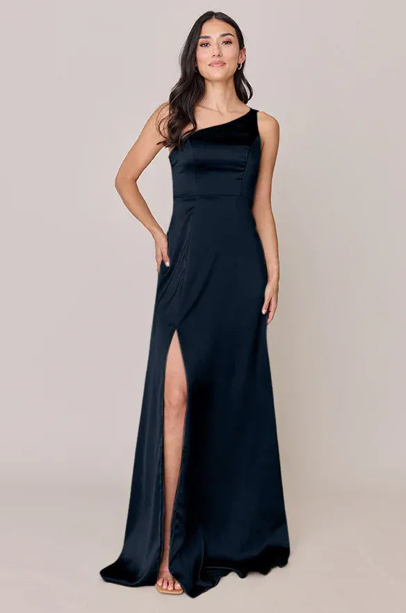 Midnight Navy One-Shoulder Asymmetrical Strap High Slit Satin Bridesmaid Dress