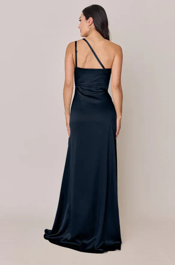 Midnight Navy One-Shoulder Asymmetrical Strap High Slit Satin Bridesmaid Dress