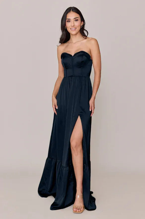 Midnight Navy Strapless Corset High Slit Ruffle Hem Satin Bridesmaid Dress