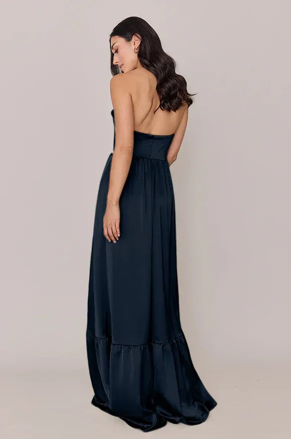 Midnight Navy Strapless Corset High Slit Ruffle Hem Satin Bridesmaid Dress